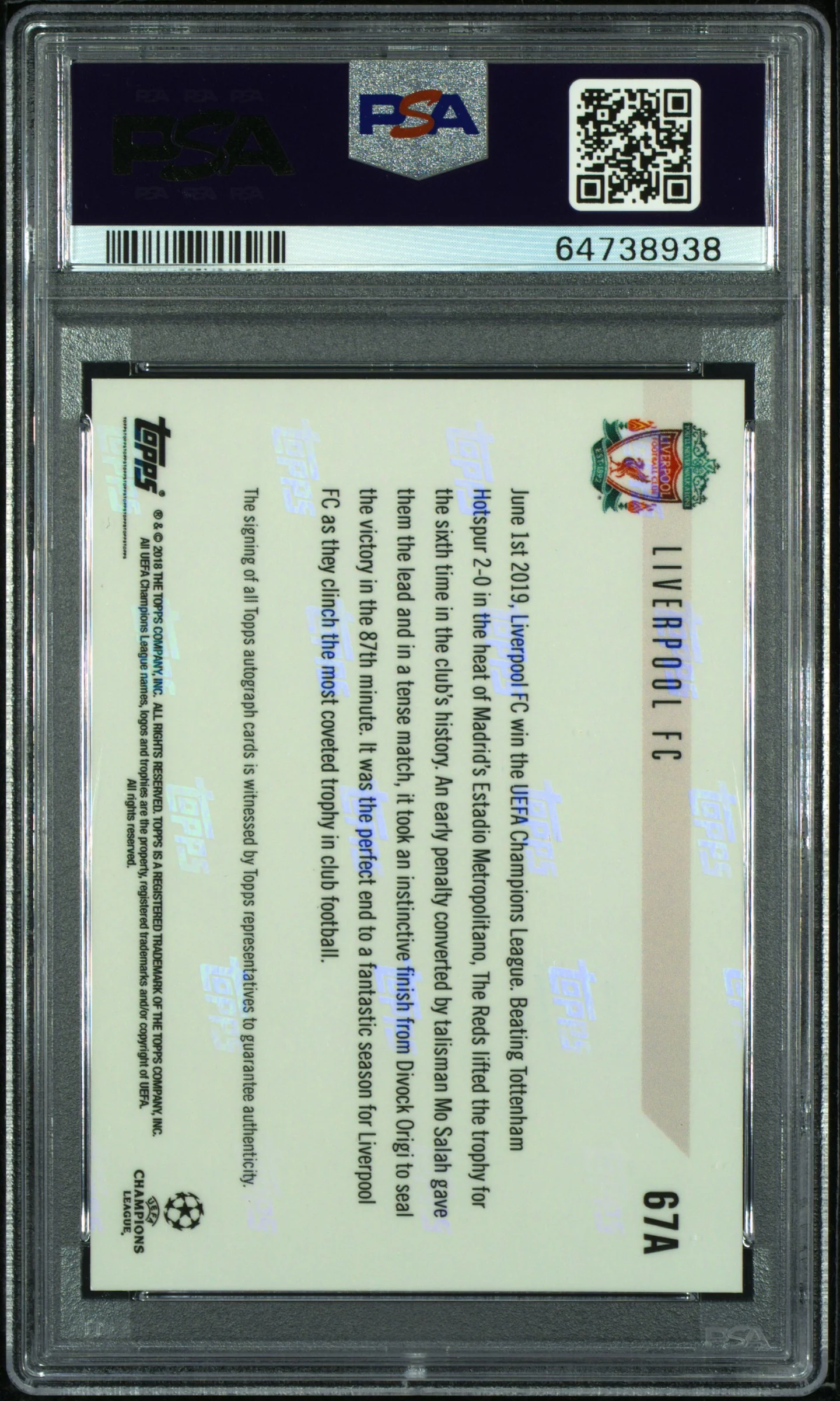 2018 Topps Now UEFA Champions League Liverpool FC #67A PSA 10 - Image 2