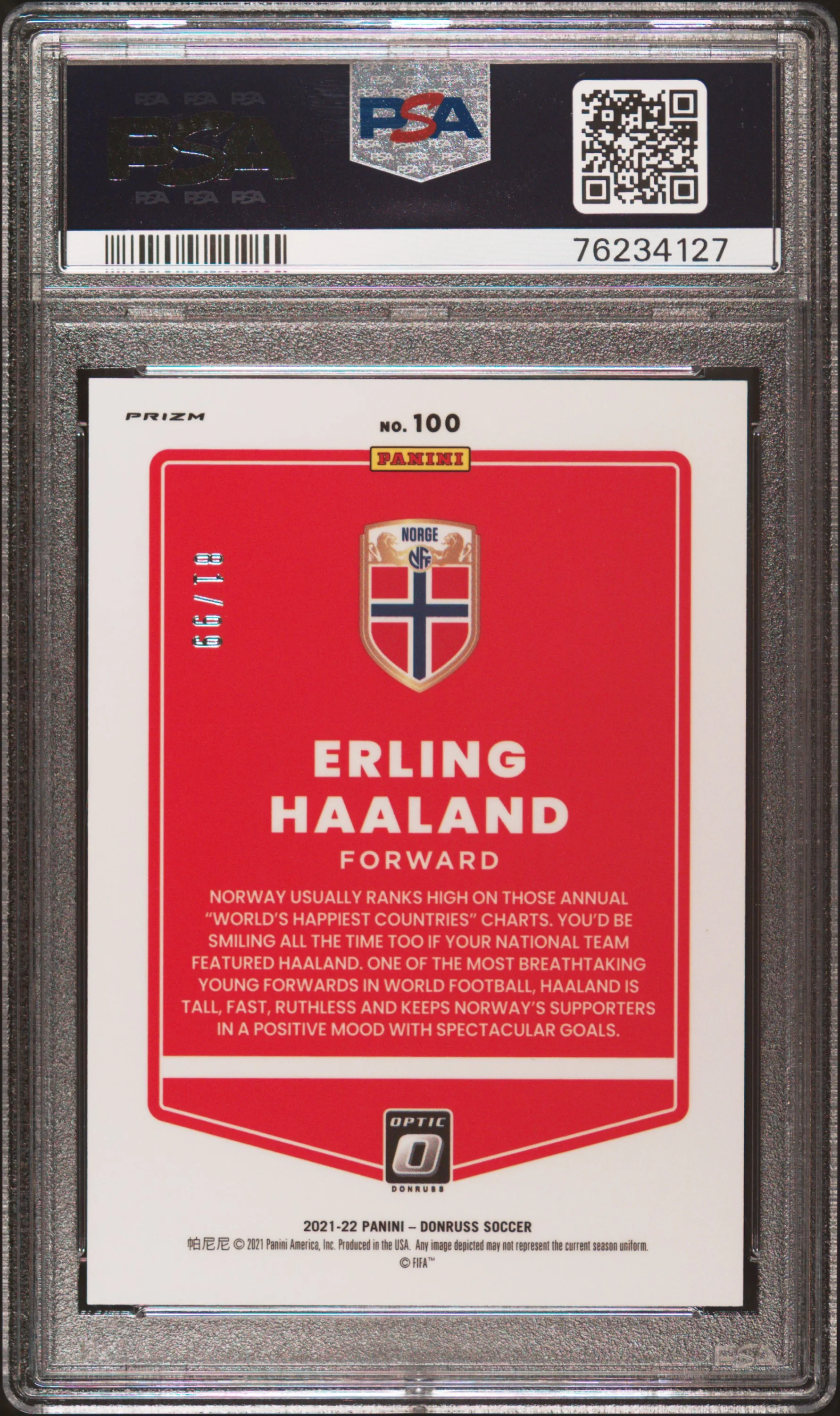 2021 Panini Donruss Road To Qatar Erling Haaland #100 PSA 10 - Image 2