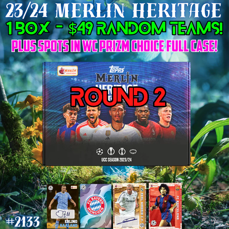 Break 2143 - 23/24 Merlin Heritage 10 Spotter PLUS spots in World Cup Prizm Choice Full Case! ROUND 2