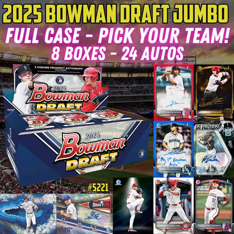 Break 5221 - 2025 Bowman Draft RELEASE DAY Hobby Jumbo - FULL CASE - Pick Your Team!